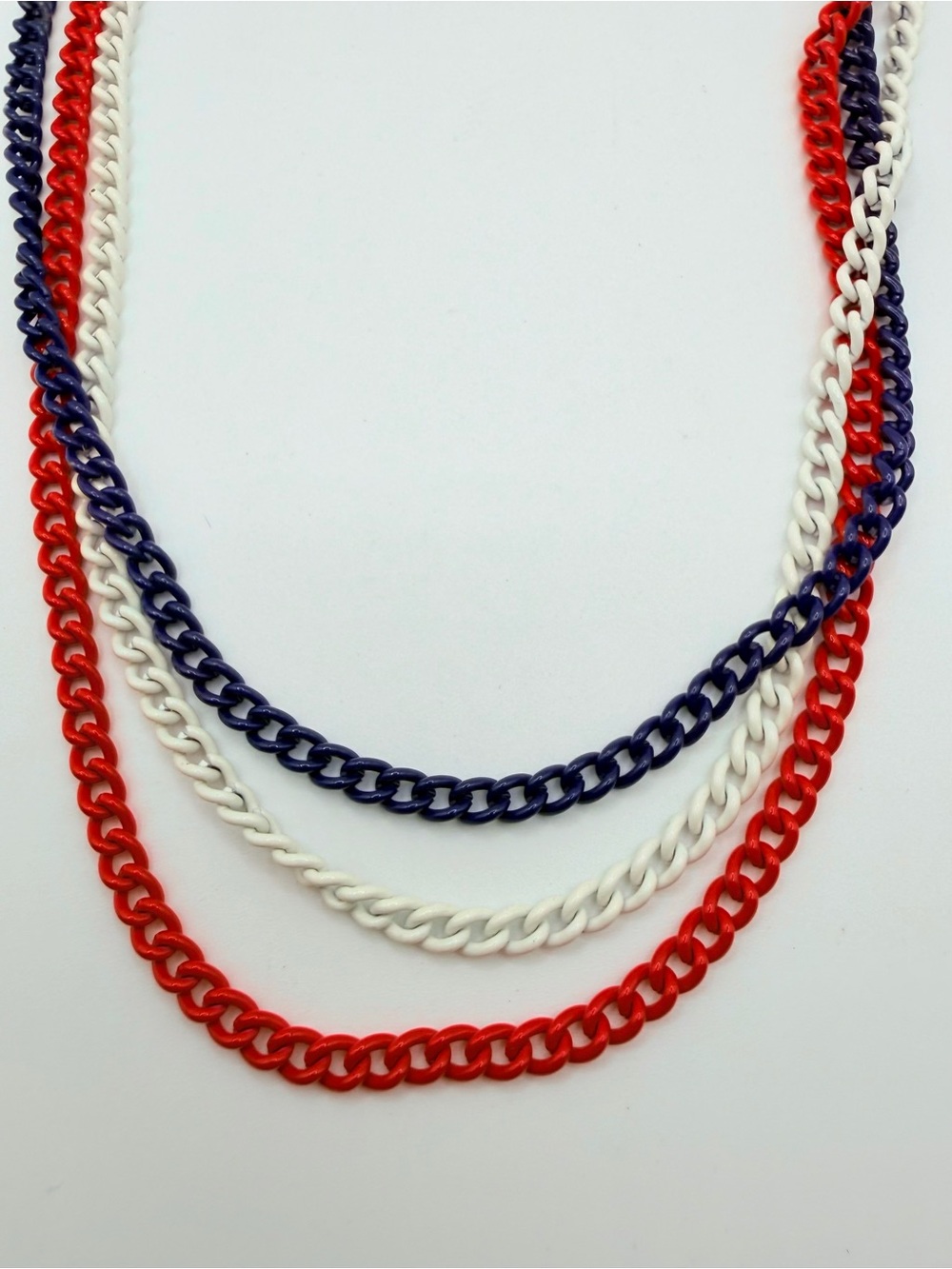 Vintage Red White Blue Enameled Triple Chain Necklace